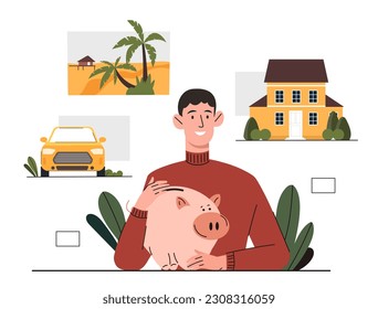 Personal finance concept. Man with piggy bank dreams of buying house and car, or travel. Savings and money, cash. Young guy with financial targets and strategy. Cartoon flat vector illustration