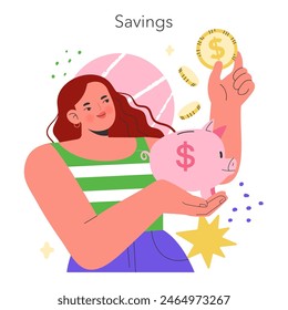 Personal finance concept. Woman depositing money in a piggy bank for future savings. Smart budgeting and financial planning. Vector illustration.