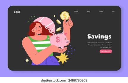 Personal finance concept. A woman happily deposits coins into a piggy bank for future savings. Secure financial future concept. Vector illustration.