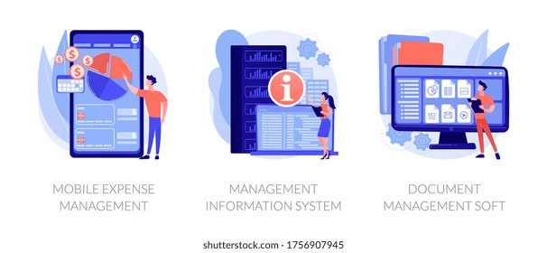 Personal finance control app and data center automation. Mobile expense management, management information system, document management soft metaphors. Vector isolated concept metaphor illustrations