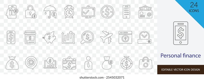 Conjunto de ícones de linha essencial de finanças pessoais. contendo ativos, impostos, gastos, despesa, receita, imposto, empréstimo, hipoteca e arte de linha mais simples