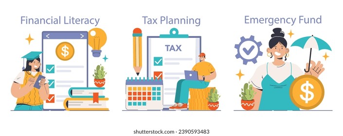 Personal Finance Essentials set. Young adults navigate savings, tax deadlines, and emergency funds. Financial education, timely tax filing, and secure savings. Flat vector illustration