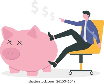 Personal finance expert, success salary man with high saving rate, investment or wealth management, income tax concept, confidence businessman sit with wealthy piggy bank thinking about money profit.
