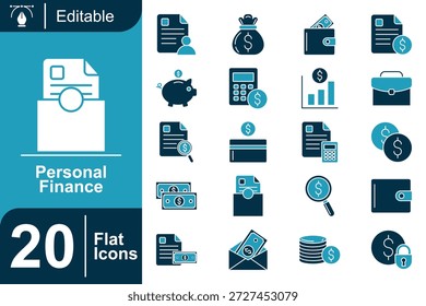 Conjunto de iconos planos de finanzas personales que incluye presupuestos, ahorros, pagos, ingresos, gastos, banca y conceptos de administración de dinero. Iconos limpios del vector para los App de las finanzas y el diseño del negocio.