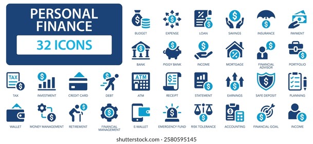 Personal finance flat icons collection. Expense, budget, bank, loan, payment, portfolio, income, tax, credit card, wallet sign set.