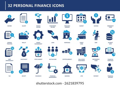 Personal finance icon animation featuring a modern set of financial symbols, including savings, investment, tax, banking, and cryptocurrency.