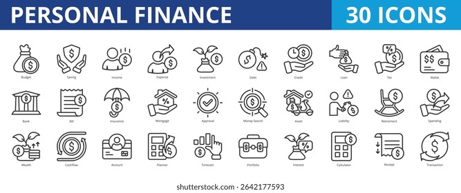Personal finance icon pack collection set for wealth management and retirement plan. With budget, saving, income, expense, investment, insurance, earning, financial planning, forecast, asset, money