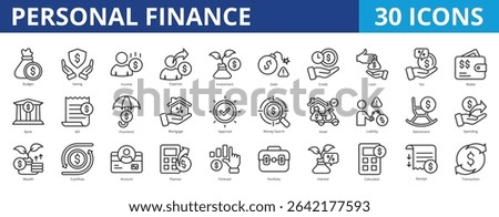 Personal finance icon pack collection set for wealth management and retirement plan. With budget, saving, income, expense, investment, insurance, earning, financial planning, forecast, asset, money