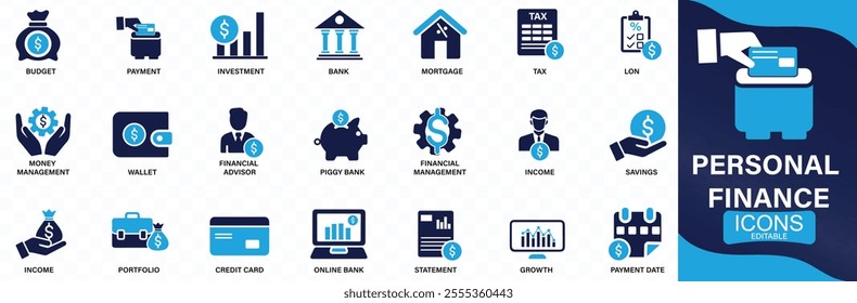 Personal finance icon set. budget, savings, expense, income, tax, loan, statement, You can easily change the color.