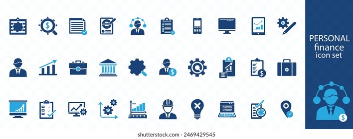 Symbolsatz für persönliche Finanzen. Eindämmung von Budget, Ersparnissen, Ausgaben, Einnahmen, Steuern, Darlehen, Kontoauszügen, Finanzmanagement, Hypotheken und mehr. Vollvektorsymbole