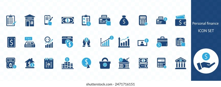 Symbolsatz für persönliche Finanzen. Eindämmung von Budget, Ersparnissen, Ausgaben, Einnahmen, Steuern, Darlehen, Kontoauszügen, Finanzmanagement, Hypotheken und mehr. Vollvektorsymbole