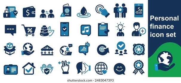 Personal finance icon set. Containing budget, savings, expense, income, tax, loan, statement, financial management, mortgage and more. 