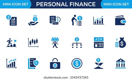 Personal finance icon set. Containing budget, savings, expense, income, tax, loan, statement, financial management, mortgage and more. Solid vector icons collection.