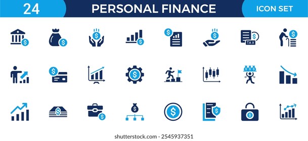 Conjunto de ícones de finanças pessoais. Contendo orçamento, poupança, despesa, receita, imposto, empréstimo, demonstrativo, gerenciamento financeiro, hipoteca e muito mais. Coleção de ícones de vetor sólido.