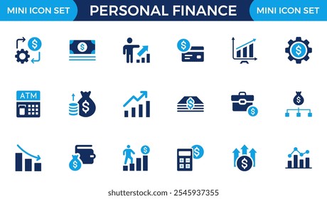 Personal finance icon set. Containing budget, savings, expense, income, tax, loan, statement, financial management, mortgage and more. Solid vector icons collection.