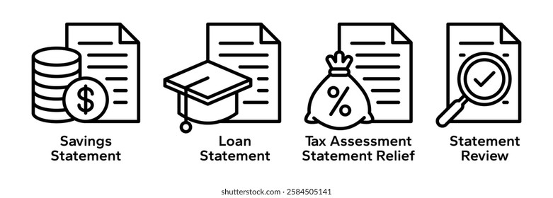 Personal finance icon set. Containing statement review, tax assessment statement relief, loan statement, savings statement icons. Vector illustration.