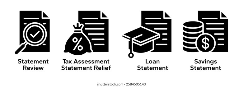 Personal finance icon set. Containing statement review, tax assessment statement relief, loan statement, savings statement icons. Vector illustration.