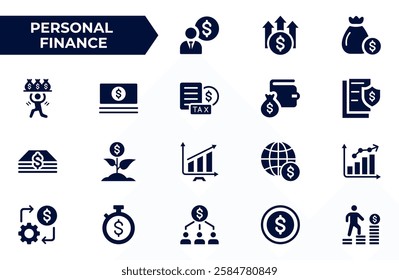 Personal finance icon set. Containing budget, savings, expense, income, tax, loan, statement, financial management, mortgage and more. Solid vector icons collection.