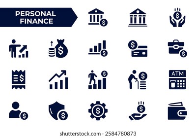 Personal finance icon set. Containing budget, savings, expense, income, tax, loan, statement, financial management, mortgage and more. Solid vector icons collection.