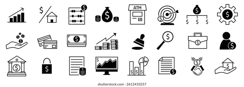 Personal finance icon set. Containing budget, savings, expense, income, tax, loan, statement, financial management, mortgage and more. Solid vector icons collection.