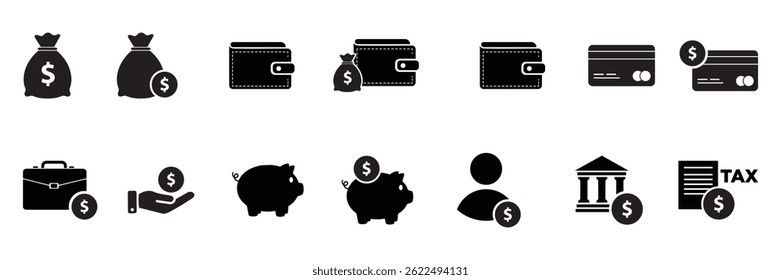 Conjunto de ícones de finanças pessoais. Contendo orçamento, economia, despesa, receita, imposto, empréstimo, demonstrativo, gerenciamento financeiro. Ícone de Vetor