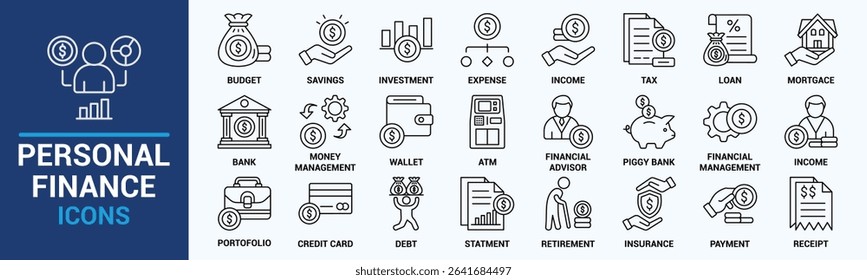 Personal finance icon set. Containing budget, savings, expense, income, tax, loan, statement, financial management, mortgage and more. Solid vector icons collection.
