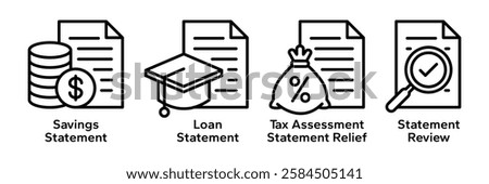 Personal finance icon set. Containing statement review, tax assessment statement relief, loan statement, savings statement icons. Vector illustration.