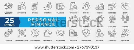 Personal Finance Icon Set. Containing budgeting, saving, investing, planning, spending, earning, income, debt, credit, interest, assets, equity, and more. Simple Line Icon Vector Illustration.
