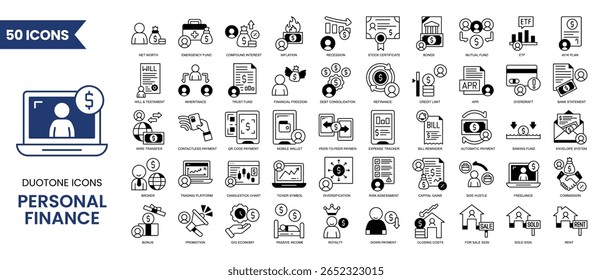 Personal Finance icon set in duotone style. Containing finance, economy, money, income, saving, investing, money management and more. Vector illustration