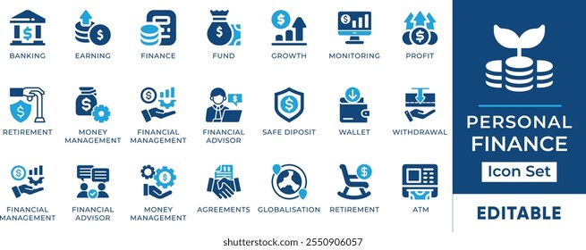 Personal Finance Icon Set. Features editable icons for money symbols, finance, banking, investment, savings, and more. Perfect for financial, business, and accounting designs.