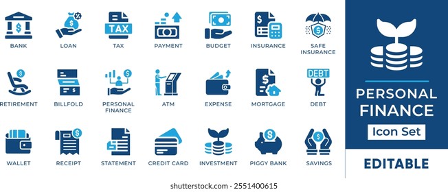 Personal Finance Icon Set. Features editable icons for money symbols, finance, banking, investment, savings, and more. Perfect for financial, business, and accounting designs.