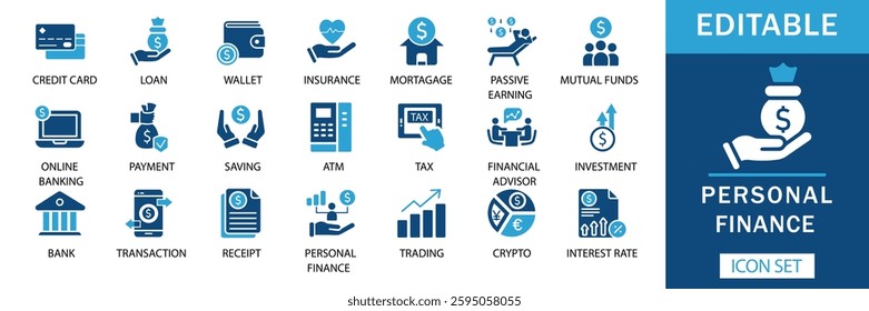 personal finance icon set featuring banking, investment, savings, loans, crypto, and more. perfect for websites, apps, and infographics. professional and versatile. Editable icon set.