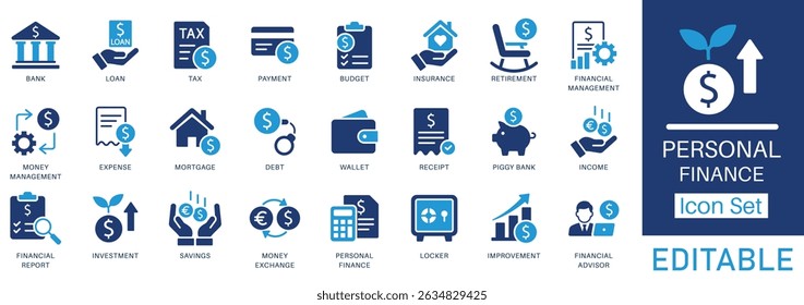 Conjunto de iconos de finanzas personales con iconos vectoriales sólidos para presupuesto, ahorros, gastos, ingresos, préstamos, deudas y gestión financiera. Ideal para proyectos de finanzas, banca, inversión y jubilación.