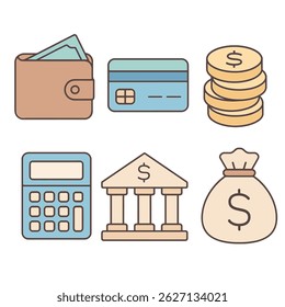 Personal Finance Icon Set – Flat Vector of Wallet, Credit Card, Coins, Calculator, Bank, and Money Bag