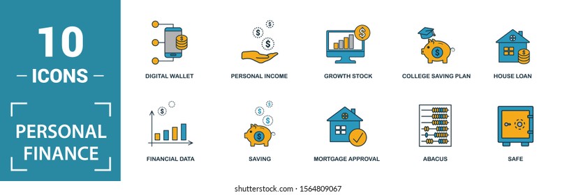 Personal Finance icon set. Include creative elements personal income, personal loan, budgeting, online banking, digital wallet icons. Can be used for report, presentation, diagram, web design.