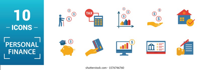Personal Finance icon set. Include creative elements personal income, personal loan, budgeting, online banking, digital wallet icons. Can be used for report, presentation, diagram, web design.