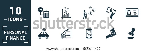 Personal Finance icon set. Include creative\
elements personal income, personal loan, budgeting, online banking,\
digital wallet icons. Can be used for report, presentation,\
diagram, web design.