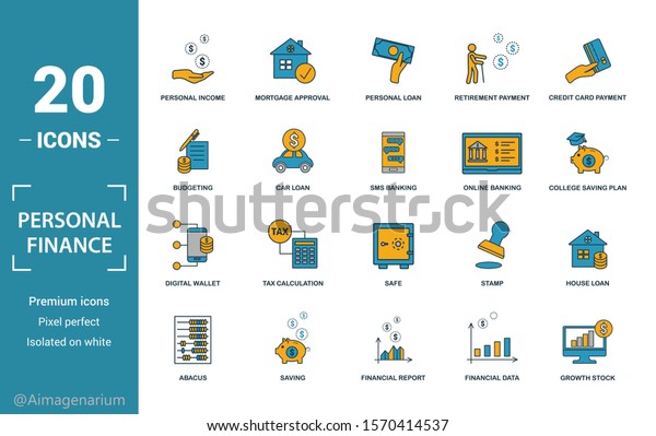 Personal Finance icon set. Include creative\
elements personal income, personal loan, budgeting, online banking,\
digital wallet icons. Can be used for report, presentation,\
diagram, web design.