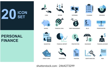 personal Finance icon set. loan, cash, saving, financial goal, profit, budget, mutual fund, earning money, bank, check, law, auction, exchance, payment, wallet, deposit, piggy, calculator, web