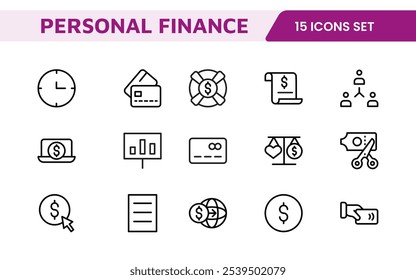 Personal Finance Icon Set. Sleek and intuitive icons for budgeting, saving, and investing, perfect for financial apps, tools, and websites to empower users in managing their money effectively.