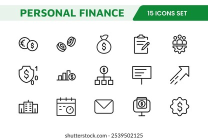Personal Finance Icon Set. Sleek and intuitive icons for budgeting, saving, and investing, perfect for financial apps, tools, and websites to empower users in managing their money effectively.