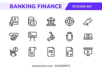 Conjunto de Ícones do Personal Finance. Ícones elegantes e intuitivos para orçamento, economia e investimento, perfeito para aplicativos financeiros, ferramentas e sites para capacitar os usuários a gerenciar seu dinheiro de forma eficaz.