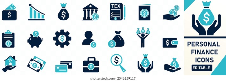 Personal finance icon set. Solid flat vector icons collection.