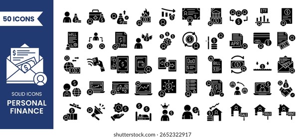 Personal Finance icon set in solid style. Containing finance, economy, money, income, saving, investing, money management and more. Vector illustration