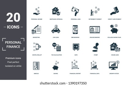 Personal Finance icons set collection. Includes simple elements such as Personal Income, Mortgage Approval, Personal Loan, Retirement Payment, Credit Card Payment, Tax Calculation and Safe.