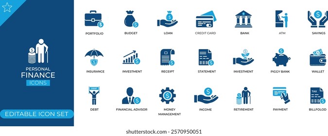 Personal finance icons set. Tax, expense, statement, loan, income, financial management, mortgage. Solid vector icons collection.