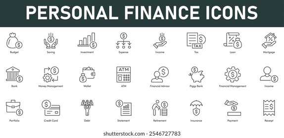 Ilustración vectorial de iconos de finanzas personales con trazo editable de línea delgada que contiene presupuesto ahorro gasto de inversión impuesto sobre la renta préstamo hipoteca banco dinero cartera ATM finanzas hucha