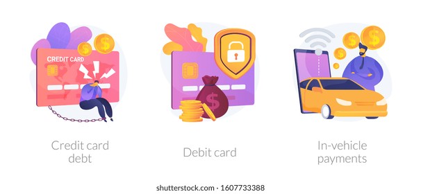 Personal finance idea. Online banking, digital currency. Money debt, financial operation. Credit card, debit card, in-vehicle payments metaphors. Vector isolated concept metaphor illustrations