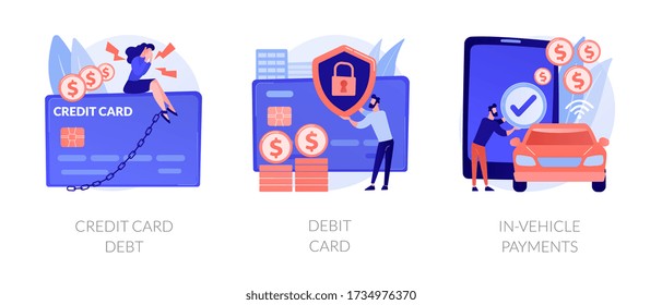 Personal finance idea. Online banking, digital currency. Money debt, financial operation. Credit card, debit card, in-vehicle payments metaphors. Vector isolated concept metaphor illustrations