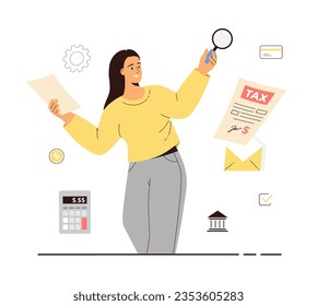 Personal finance inspect concept, tax consultant. Tax audit, consultation. Income tax or expense analysis. Woman with magnifying glass and documents. Cartoon flat vector illustration.	
